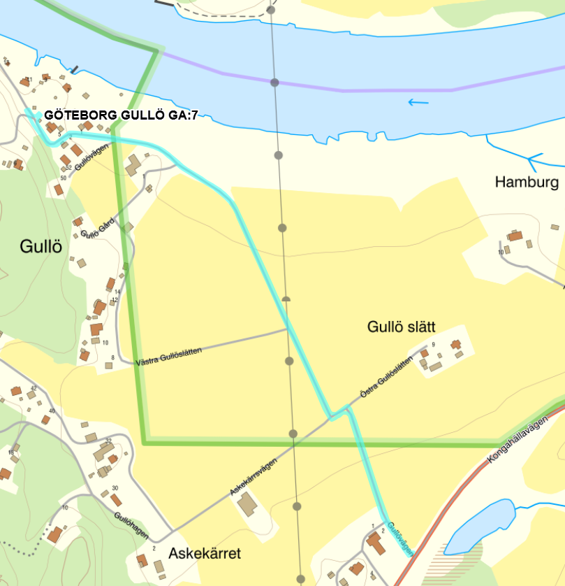 Karta över Gullö med föreningens vägnät markerat